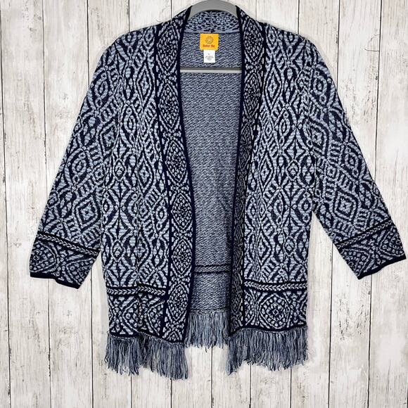 Ruby Rd Blue Long Sleeve Tribal Open Front Fringe Bottom Boho Cardigan Large - Picture 1 of 8